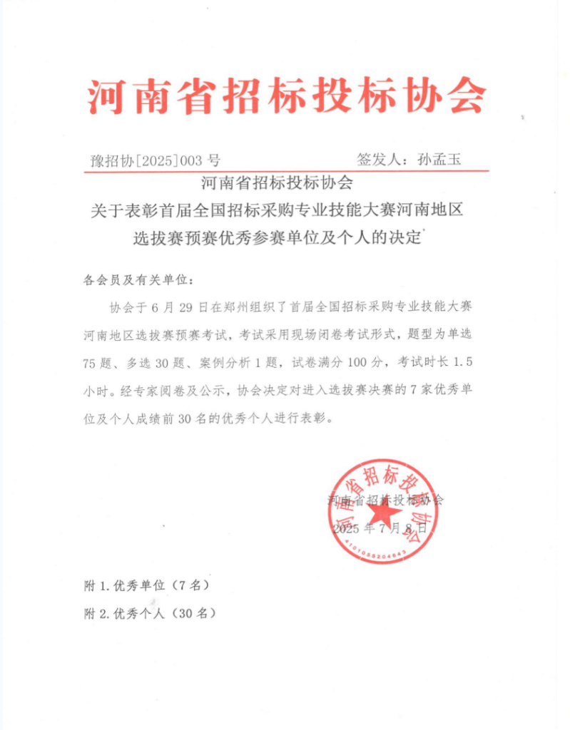 喜報 | 我司榮獲首屆全國招標采購專業技能大賽河南地區選拔賽“優秀單位”，王浩、李海鶴、張超三位同志獲評“優秀個人”